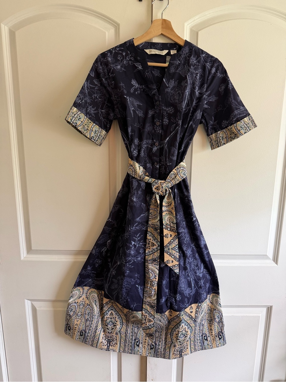 Navy Paisley-Border Shirt Dress with Waist Tie by Beautiful Birds Floral